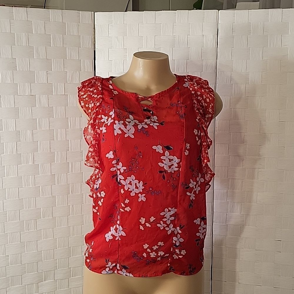 CANDIES CASUAL SLEEVELESS RUFFLE ROUNDNECK ALL OVER FLORAL PRINTED DESIGN SHIRT - Picture 3 of 13